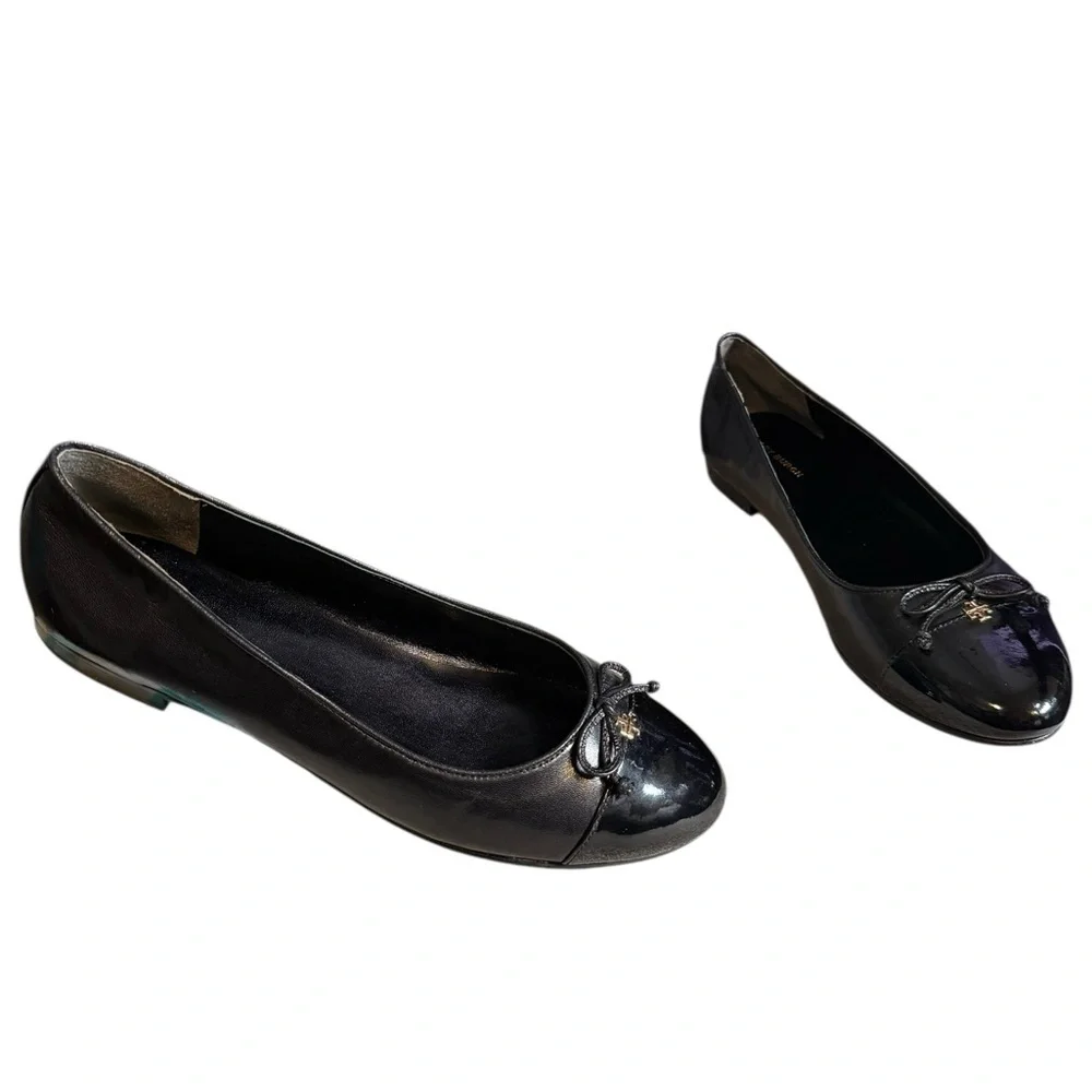 Tory Burch Glossy Black Flats with Bow Detail 9M